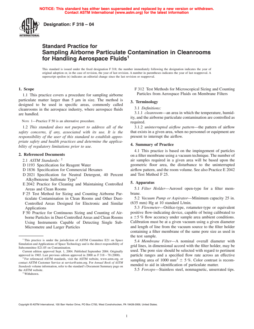 ASTM F318-04 - Standard Practice for Sampling Airborne Particulate Contamination in Clean Rooms for Handling Aerospace Fluids