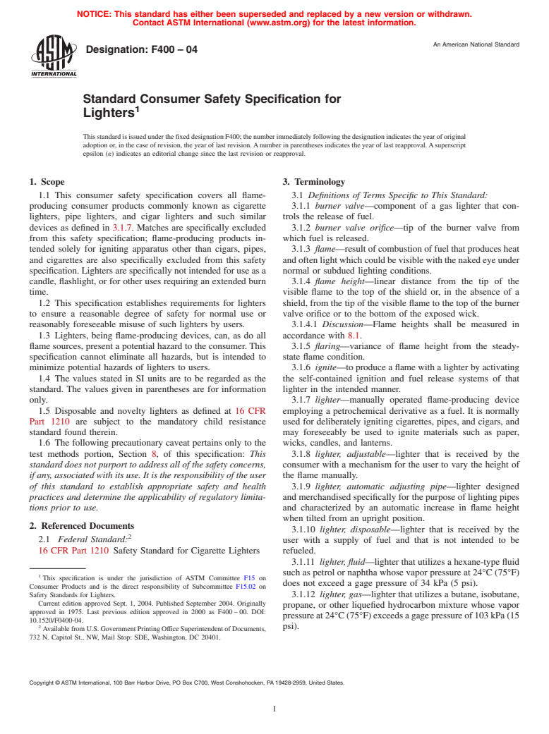 ASTM F400-04 - Standard Consumer Safety Specification for Lighters