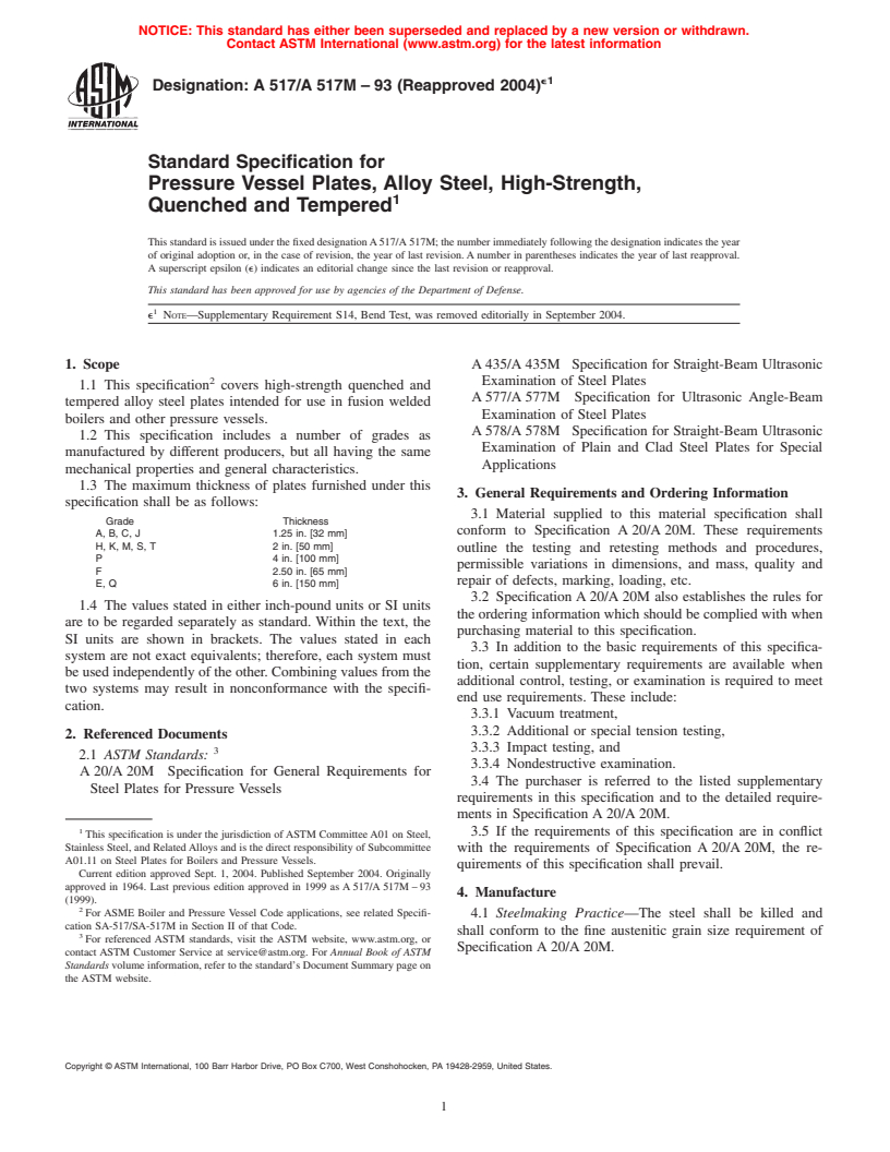 ASTM A517/A517M-93(2004)e1 - Standard Specification for Pressure Vessel Plates, Alloy Steel, High-Strength, Quenched and Tempered