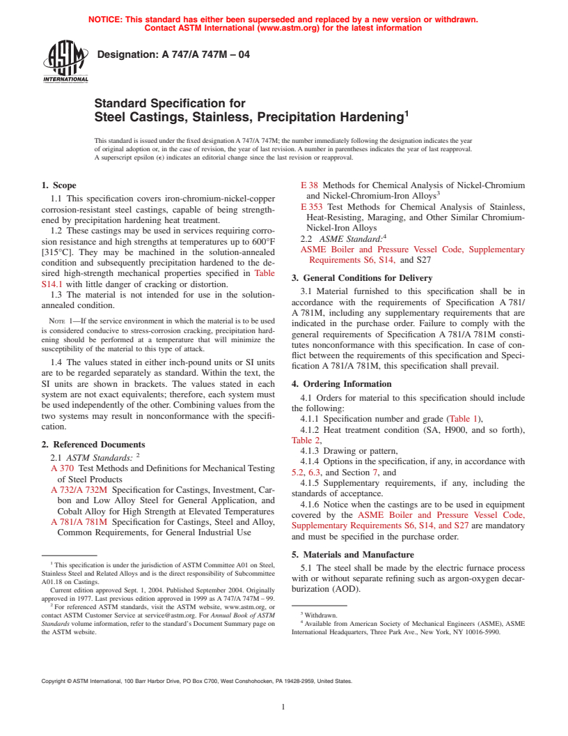ASTM A747/A747M-04 - Standard Specification for Steel Castings, Stainless, Precipitation Hardening