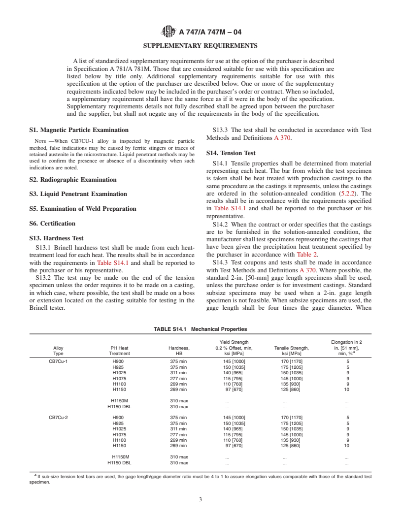 ASTM A747/A747M-04 - Standard Specification for Steel Castings, Stainless, Precipitation Hardening