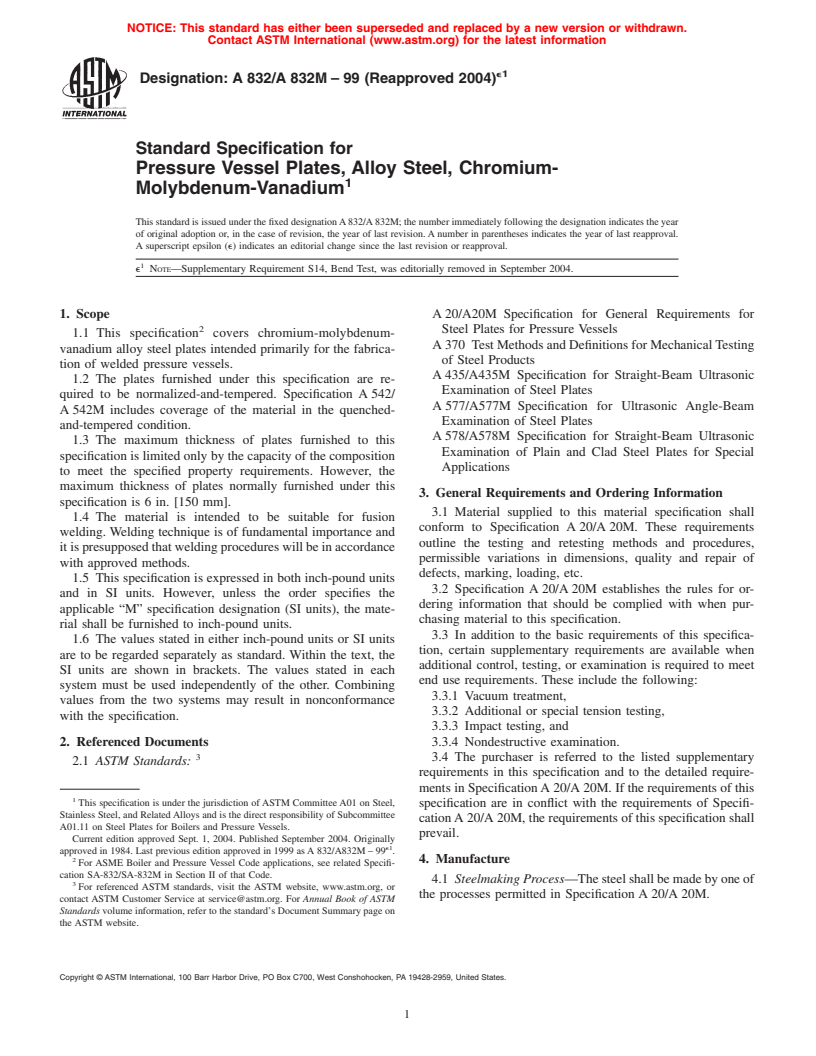 ASTM A832/A832M-99(2004)e1 - Standard Specification for Pressure Vessel Plates, Alloy Steel, Chromium-Molybdenum-Vanadium