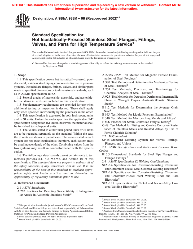 ASTM A988/A988M-98(2002)e1 - Standard Specification for Hot Isostatically-Pressed Stainless Steel Flanges, Fittings, Valves, and Parts for High Temperature Service