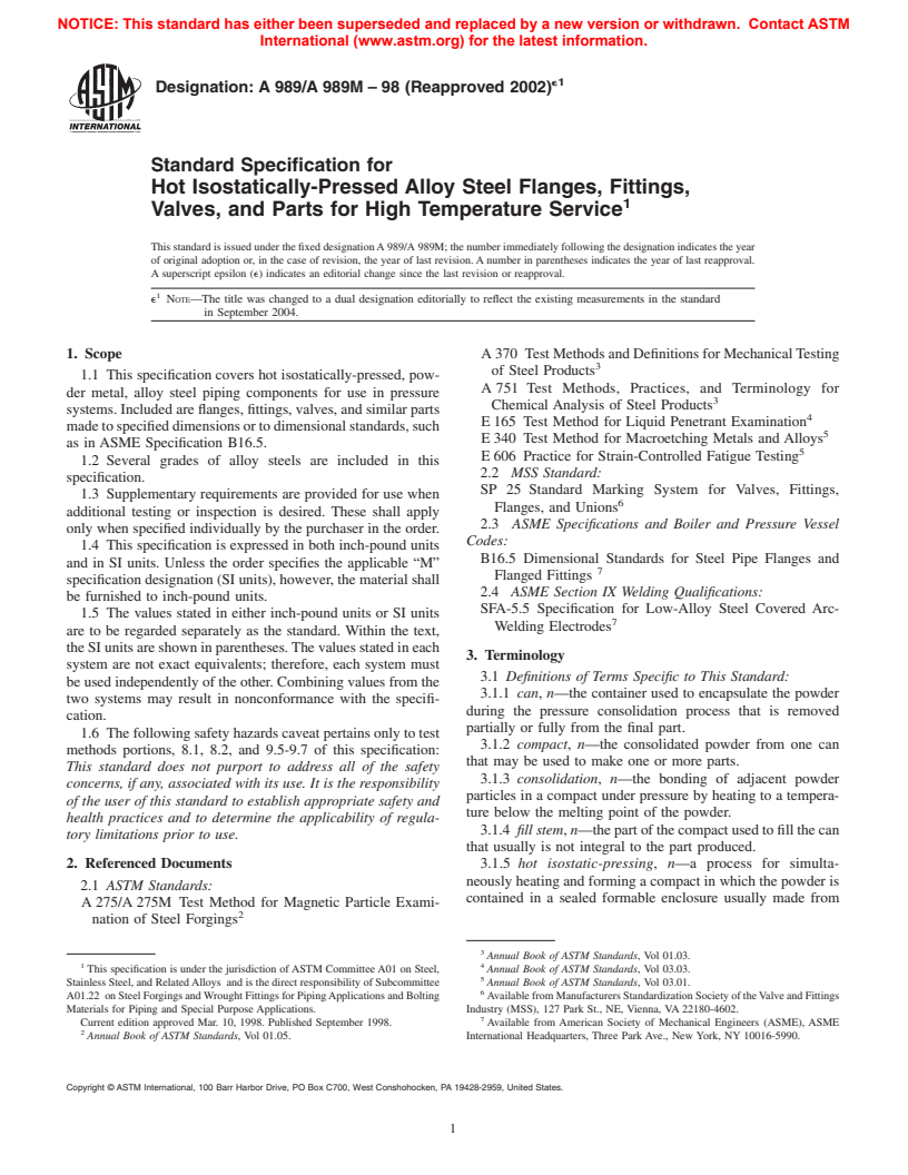 ASTM A989/A989M-98(2002)e1 - Standard Specification for Hot Isostatically-Pressed Alloy Steel Flanges, Fittings, Valves, and Parts for High Temperature Service