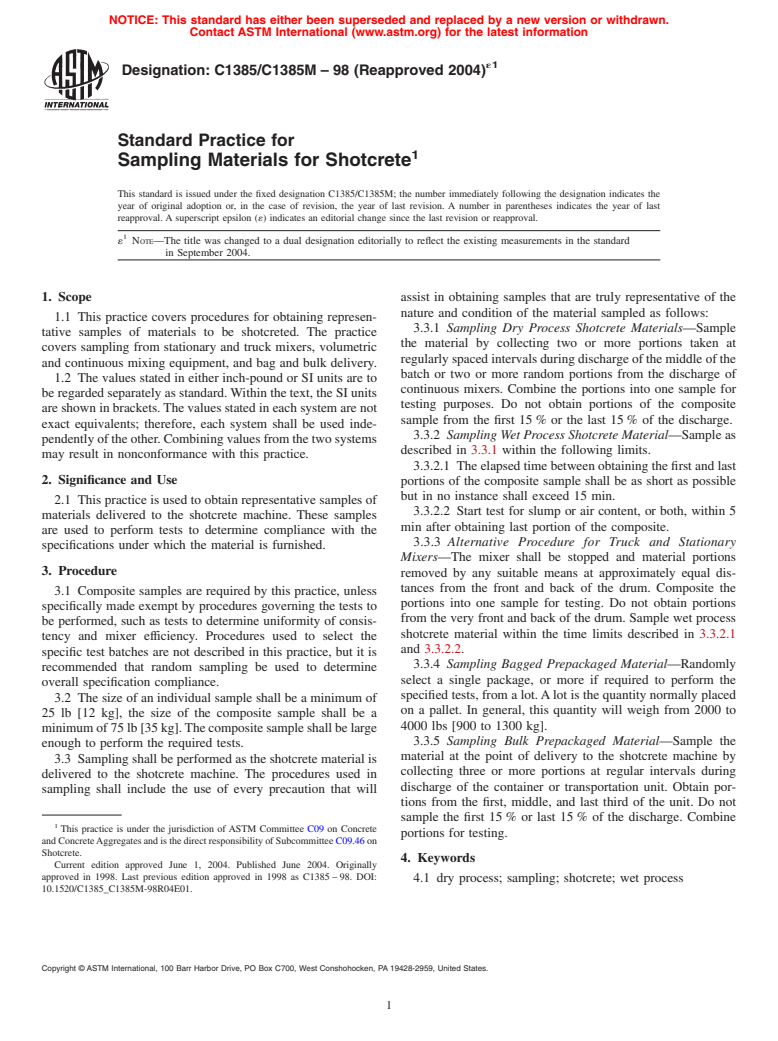 ASTM C1385/C1385M-98(2004)e1 - Standard Practice for Sampling Materials for Shotcrete