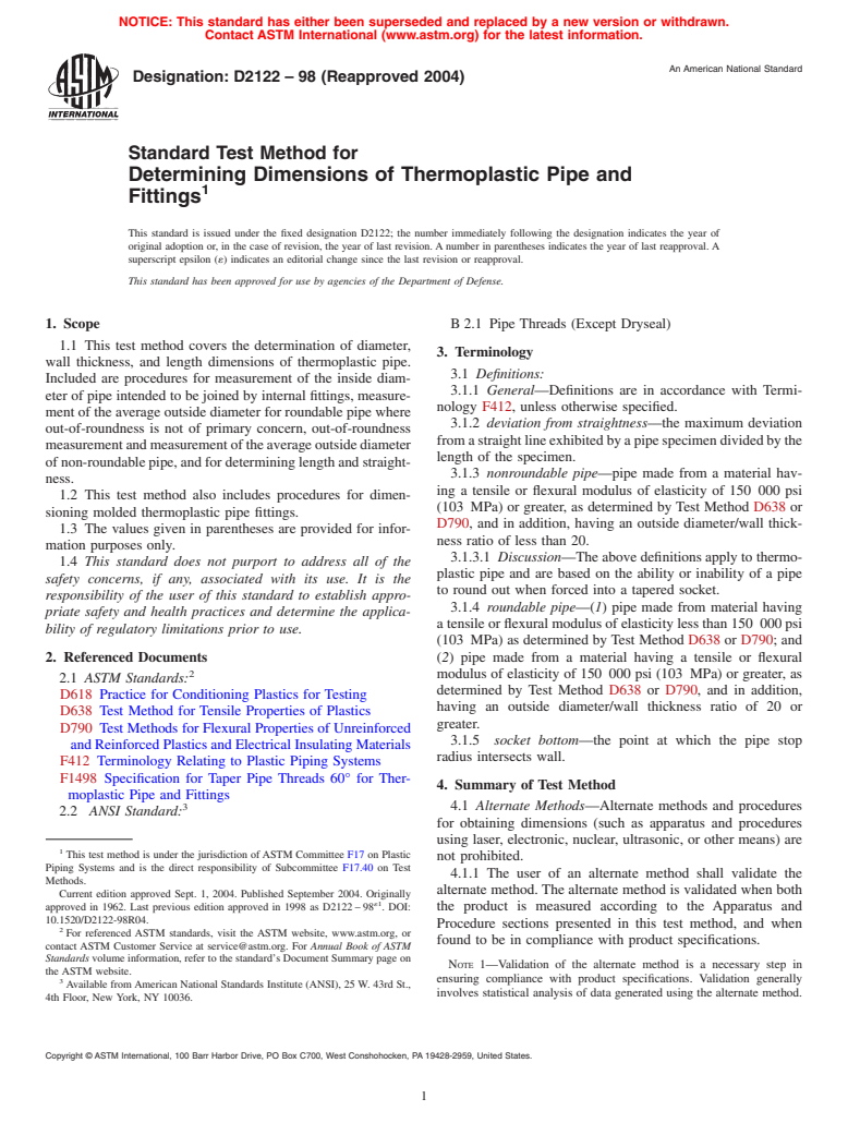 ASTM D2122-98(2004) - Standard Test Method for Determining Dimensions of Thermoplastic Pipe and Fittings