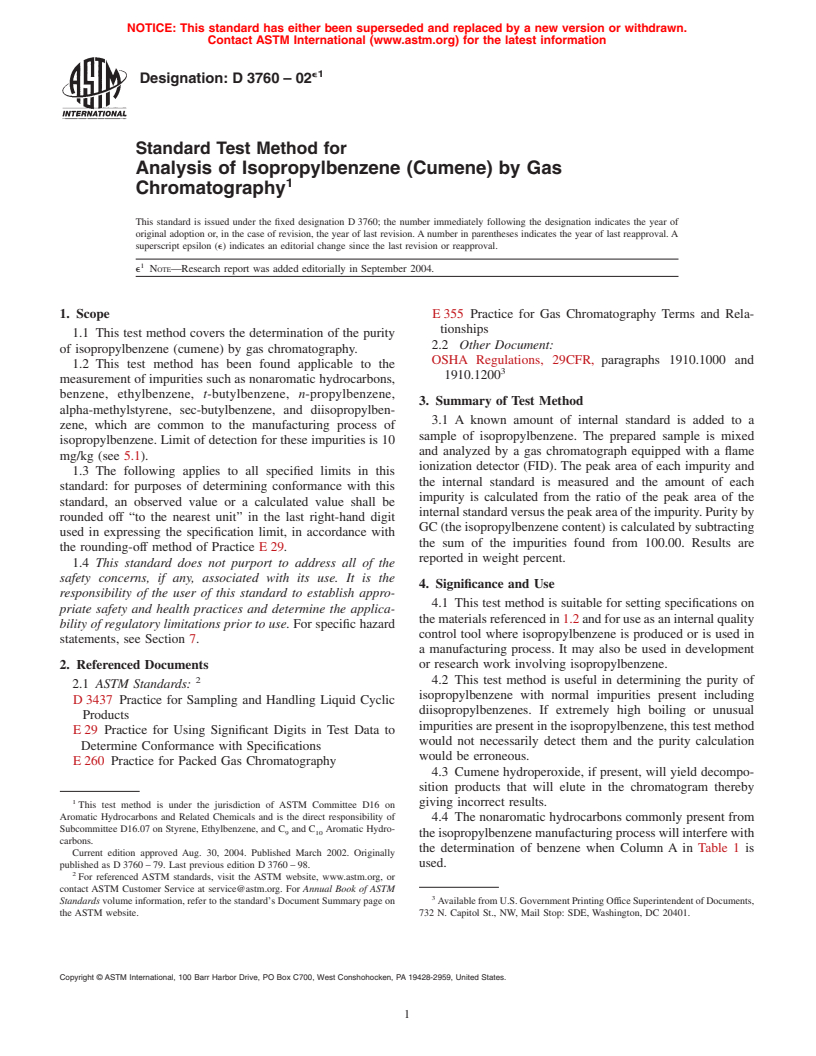 ASTM D3760-02e1 - Standard Test Method for Analysis of Isopropylbenzene (Cumene) by Gas Chromatography