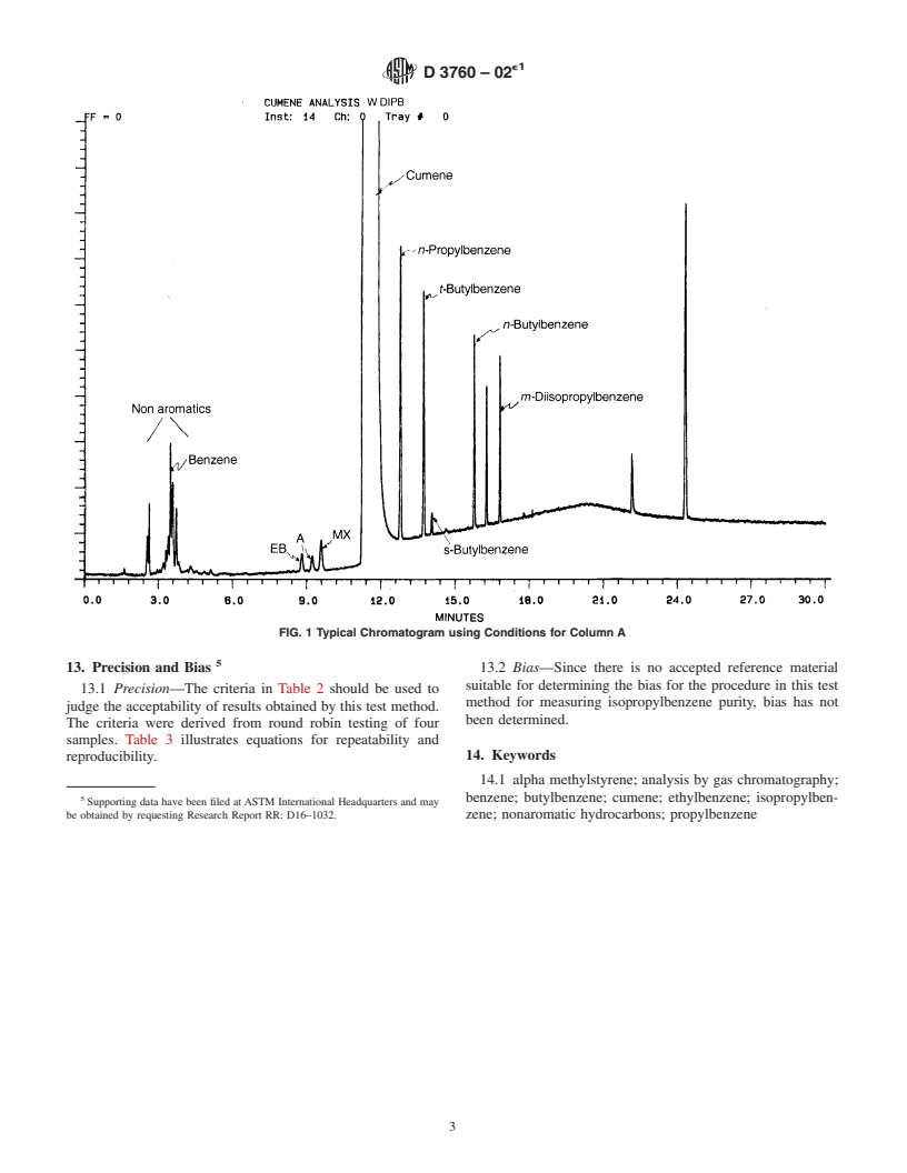 ASTM D3760-02e1 - Standard Test Method for Analysis of Isopropylbenzene (Cumene) by Gas Chromatography