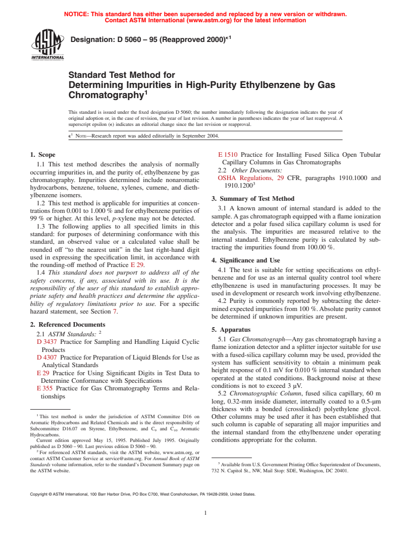 ASTM D5060-95(2000)e1 - Standard Test Method for Determining Impurities in High-Purity Ethylbenzene by Gas Chromatography