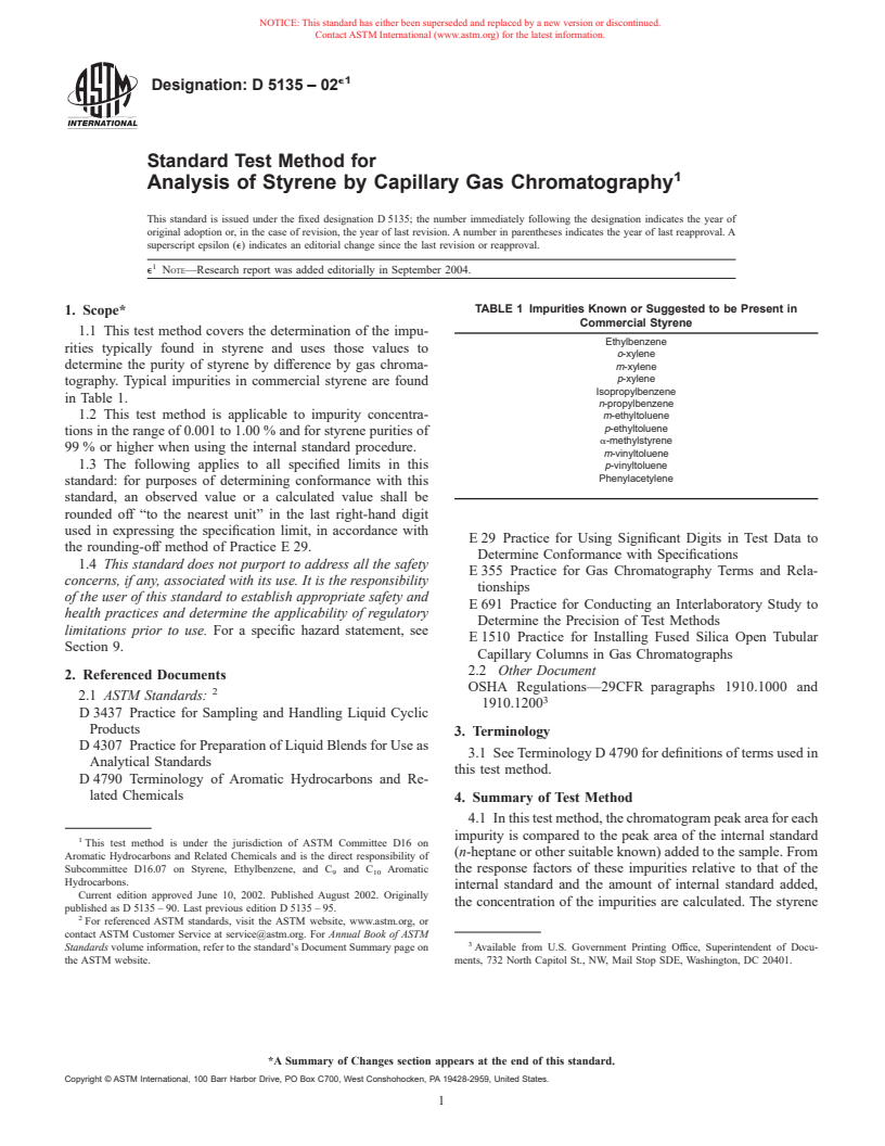 ASTM D5135-02e1 - Standard Test Method for Analysis of Styrene by Capillary Gas Chromatography