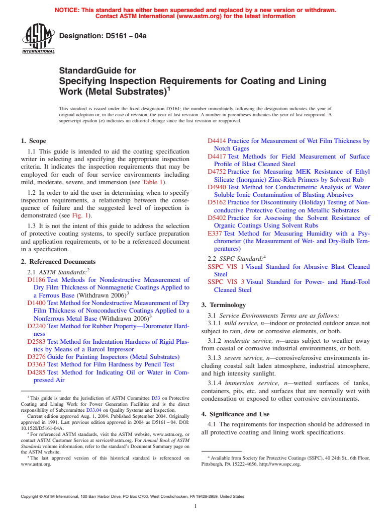 ASTM D5161-04a - Standard Guide for Specifying Inspection Requirements for Coating and Lining Work (Metal Substrates) (Withdrawn 2013)