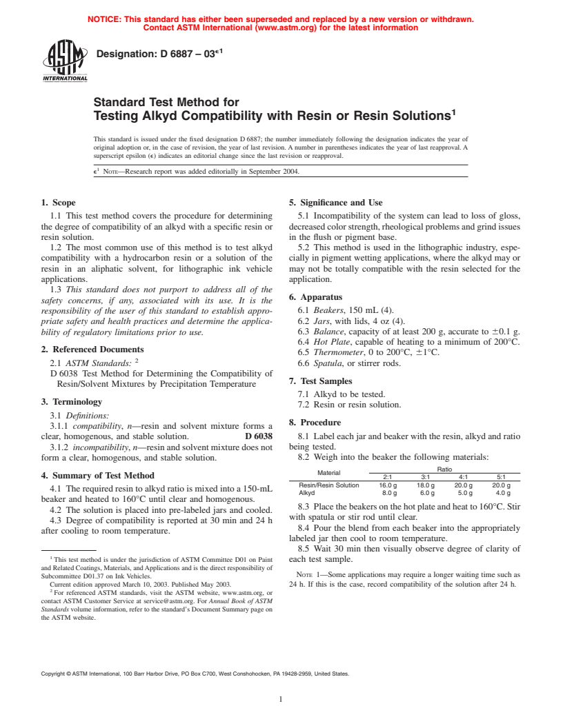 ASTM D6887-03e1 - Standard Test Method for Testing Alkyd Compatibility with Resin or Resin Solutions