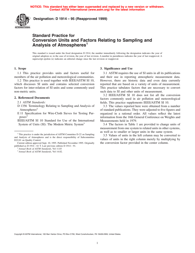 ASTM D1914-95(1999) - Standard Practice for Conversion Units and Factors Relating to Sampling and Analysis Atmospheres