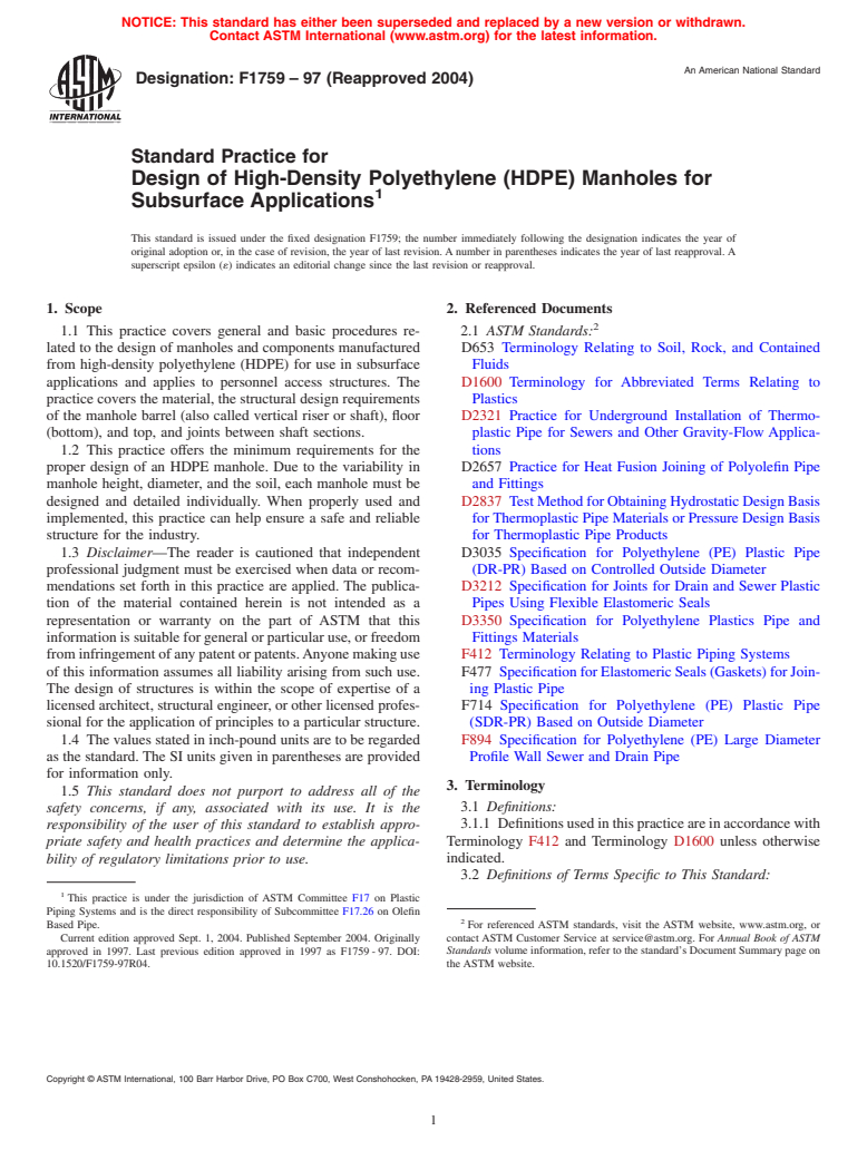 ASTM F1759-97(2004) - Standard Practice for Design of High-Density Polyethylene (HDPE) Manholes for Subsurface Applications