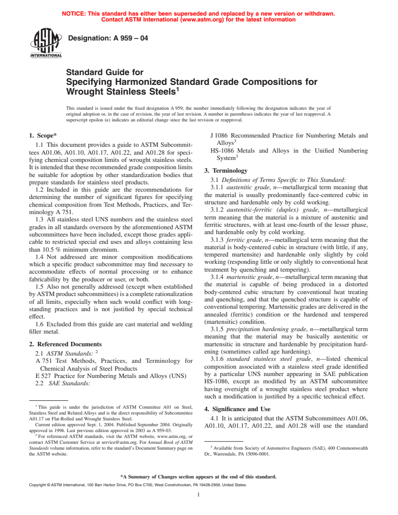 ASTM A959-04 - Standard Guide for Specifying Harmonized Standard Grade Compositions for Wrought Stainless Steels