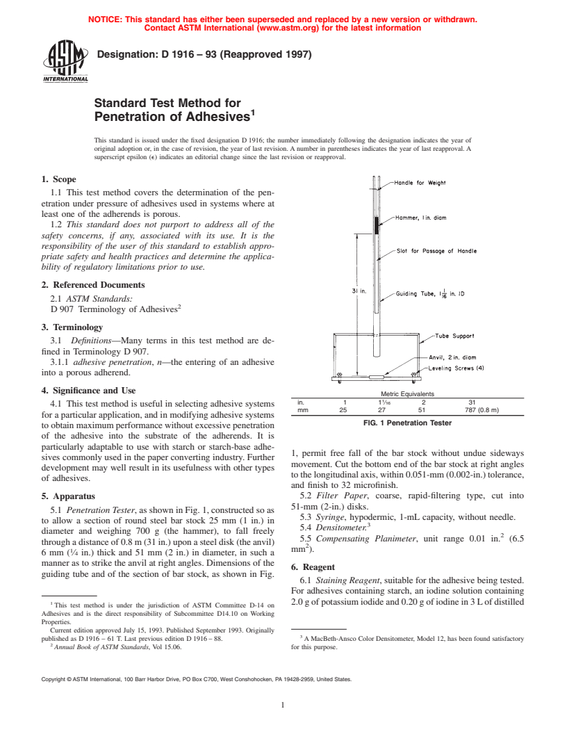 ASTM D1916-93(1997) - Standard Test Method for Penetration of Adhesives (Withdrawn 2005)