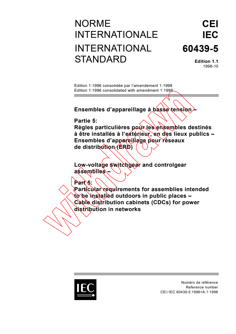 IEC 60439-5:1996+AMD1:1998 CSV - Low-voltage switchgear and controlgear assemblies - Part 5: Particular requirements for assemblies intended to be installed outdoors in public places - Cable distribution cabinets (CDCs) for power distribution in networks
Released:10/16/1998
Isbn:2831844738