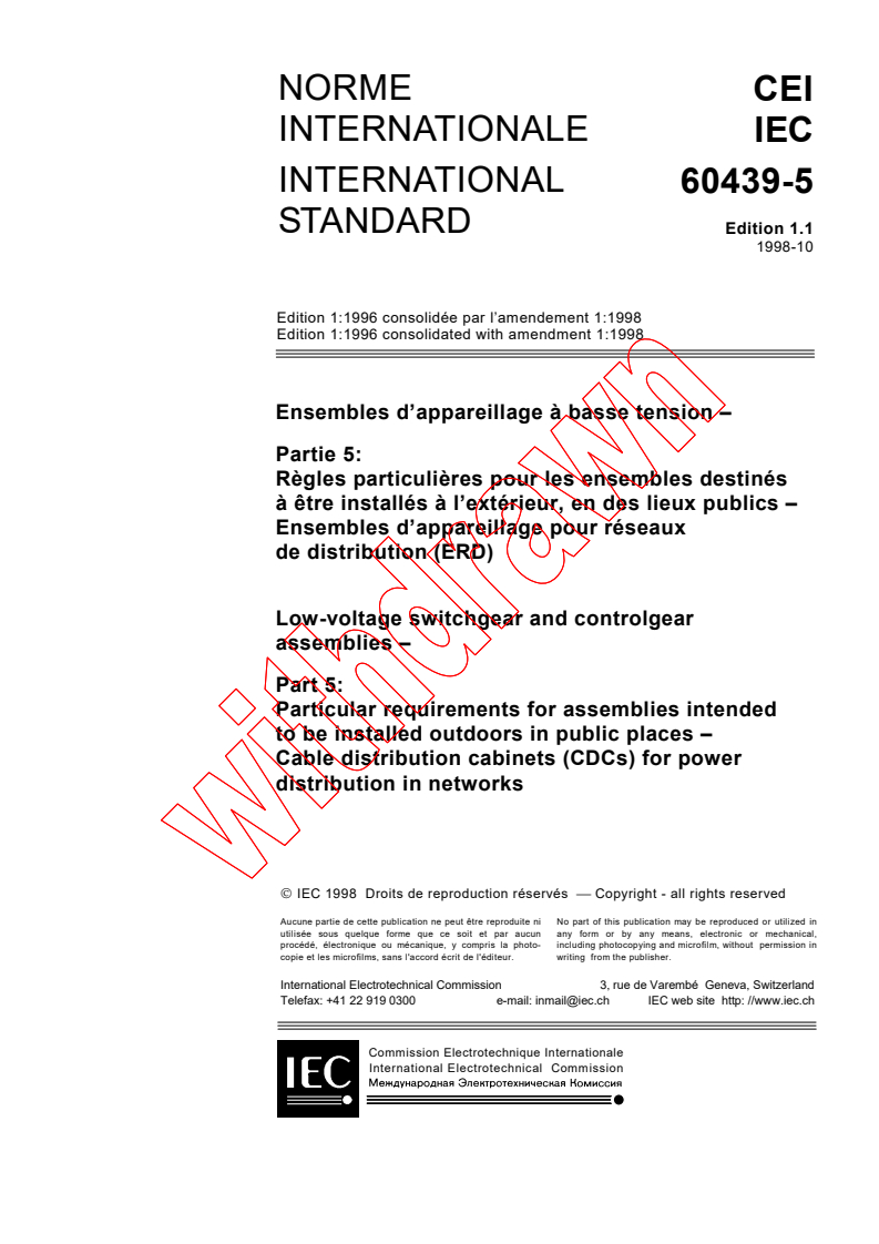 IEC 60439-5:1996+AMD1:1998 CSV - Low-voltage switchgear and controlgear assemblies - Part 5: Particular requirements for assemblies intended to be installed outdoors in public places - Cable distribution cabinets (CDCs) for power distribution in networks
Released:10/16/1998
Isbn:2831844738