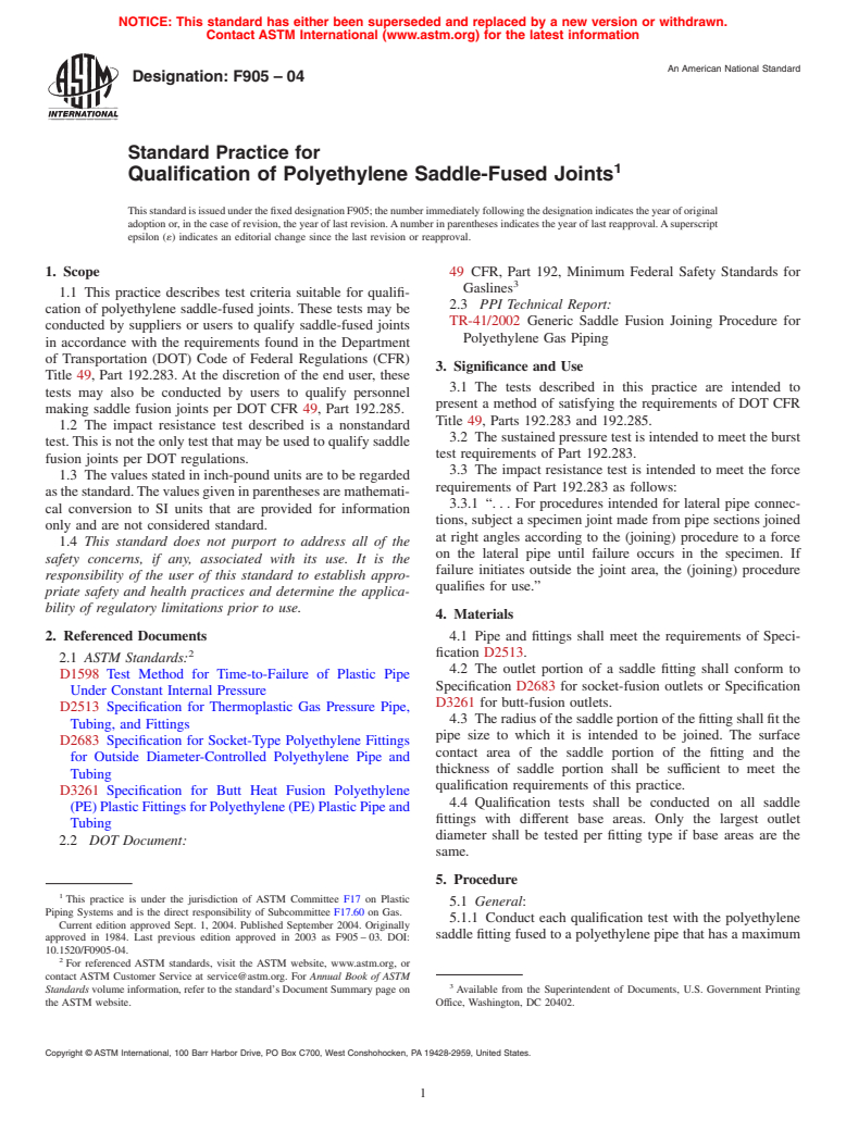 ASTM F905-04 - Standard Practice for Qualification of Polyethylene Saddle-Fused Joints