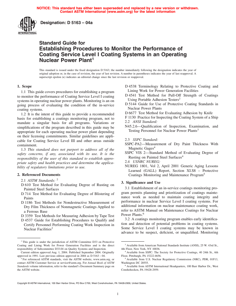 ASTM D5163-04a - Standard Guide for Establishing Procedures to Monitor the Performance of Service Level I Coatings in an Operating Nuclear Power Plant