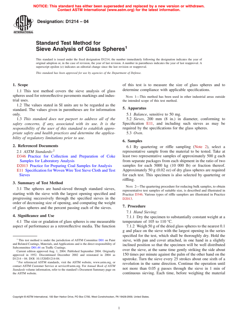 ASTM D1214-04 - Standard Test Method for Sieve Analysis of Glass Spheres