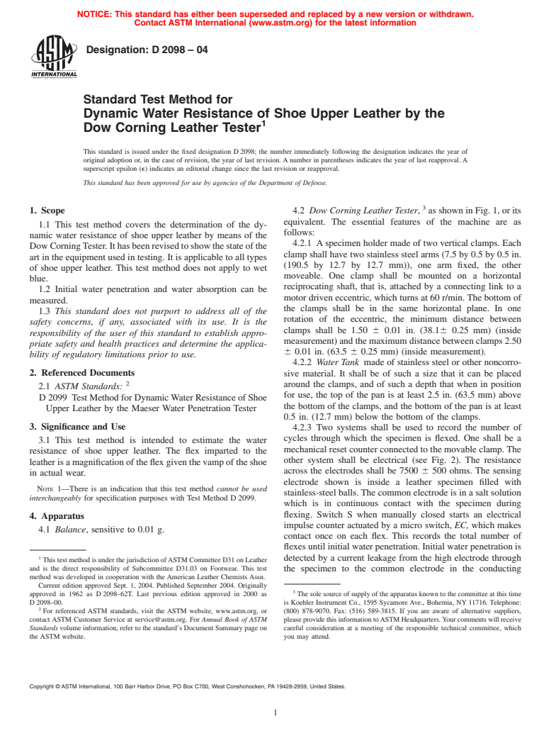 ASTM D2098-04 - Standard Test Method for Dynamic Water Resistance of Shoe Upper Leather by the Dow Corning Leather Tester