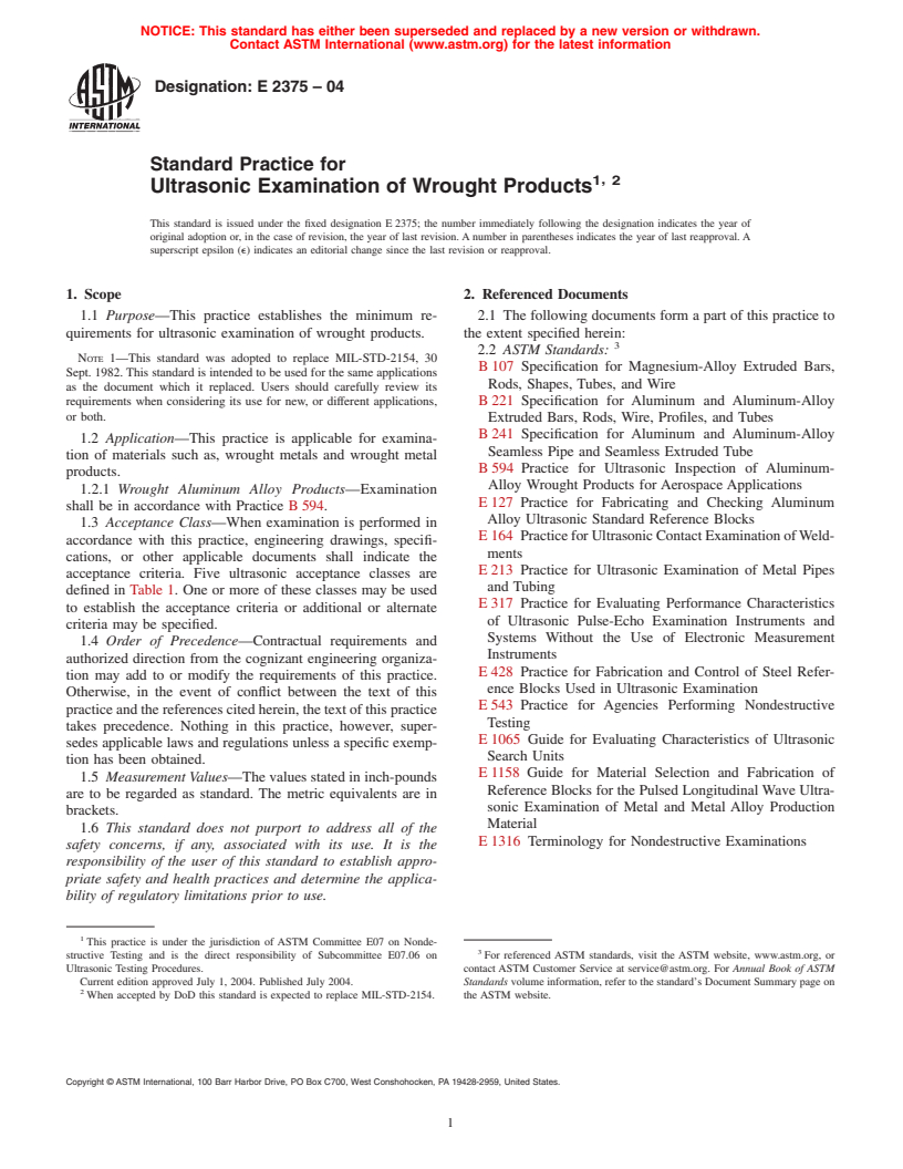 ASTM E2375-04 - Standard Practice for Ultrasonic Examination of Wrought Products