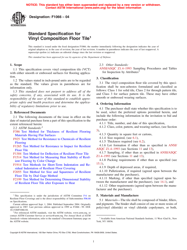 ASTM F1066-04 - Standard Specification for Vinyl Composition Floor Tile