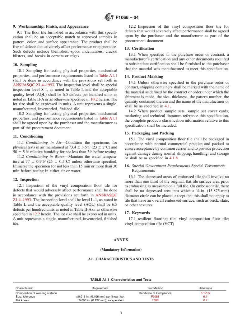 ASTM F1066-04 - Standard Specification for Vinyl Composition Floor Tile