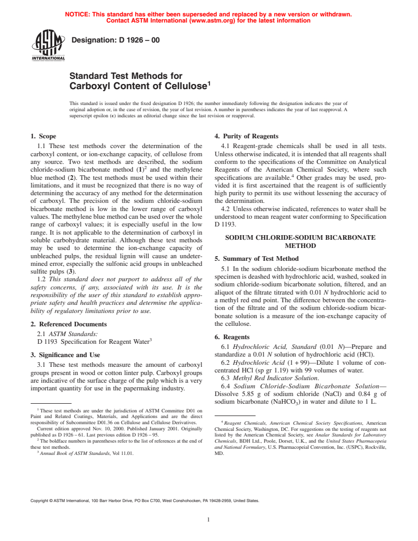 ASTM D1926-00 - Standard Test Methods for Carboxyl Content of Cellulose