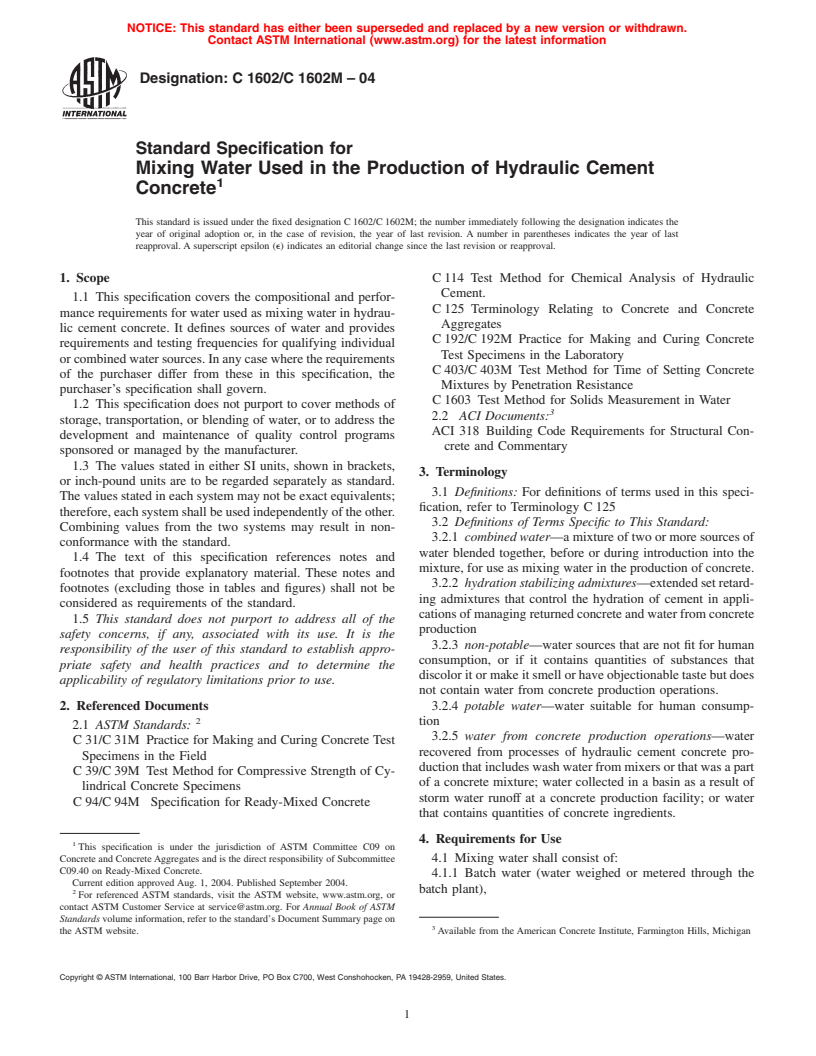 ASTM C1602/C1602M-04 - Standard Specification for Mixing Water Used in the Production of Hydraulic Cement Concrete