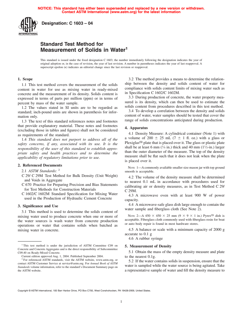 ASTM C1603-04 - Standard Test Method for Measurement of Solids in Water