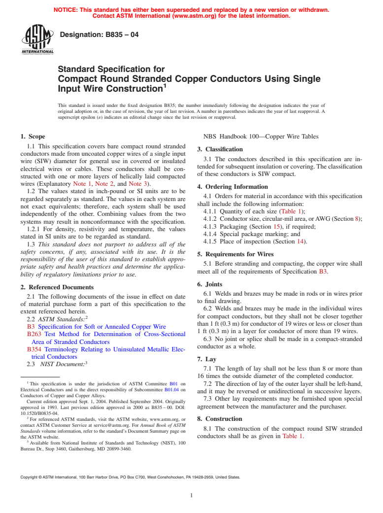 ASTM B835-04 - Standard Specification for Compact Round Stranded Copper Conductors Using Single Input Wire Construction