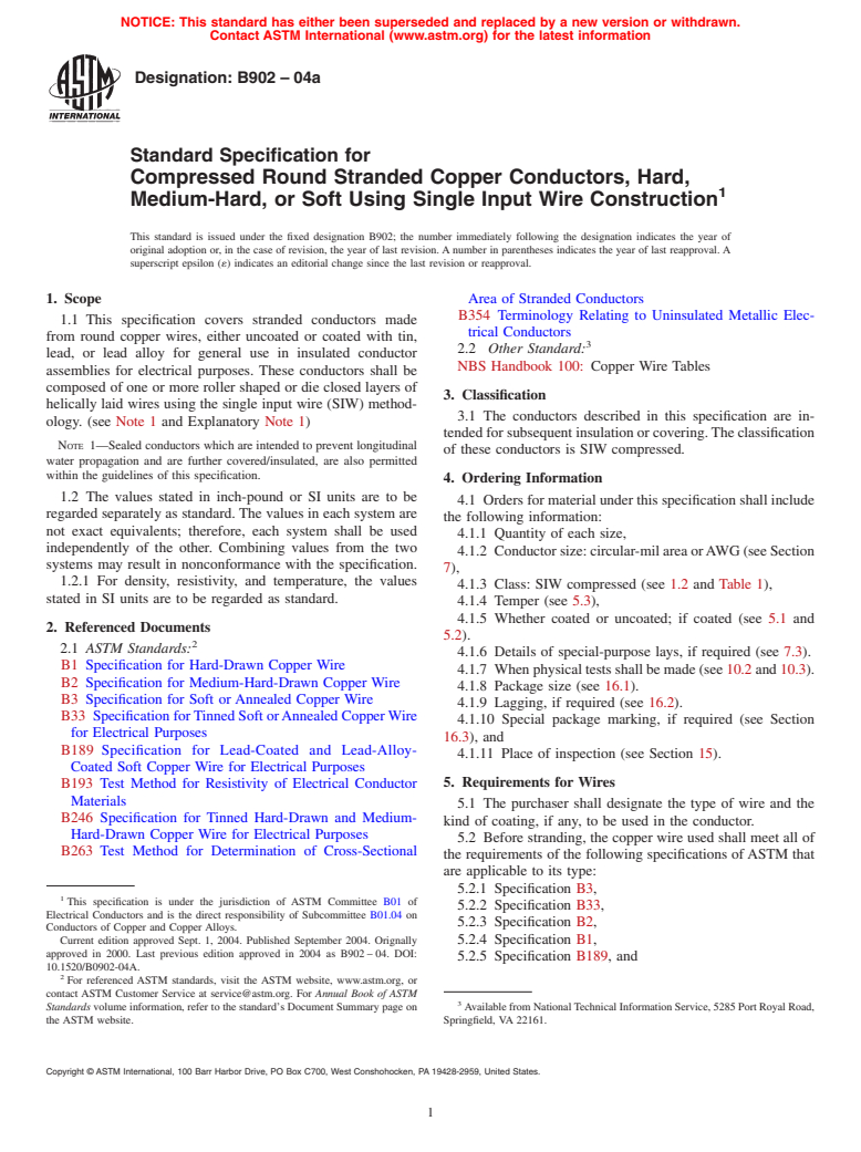 ASTM B902-04a - Standard Specification for Compressed Round Stranded Copper Conductors, Hard, Medium-Hard, or Soft Using Single Input Wire Construction
