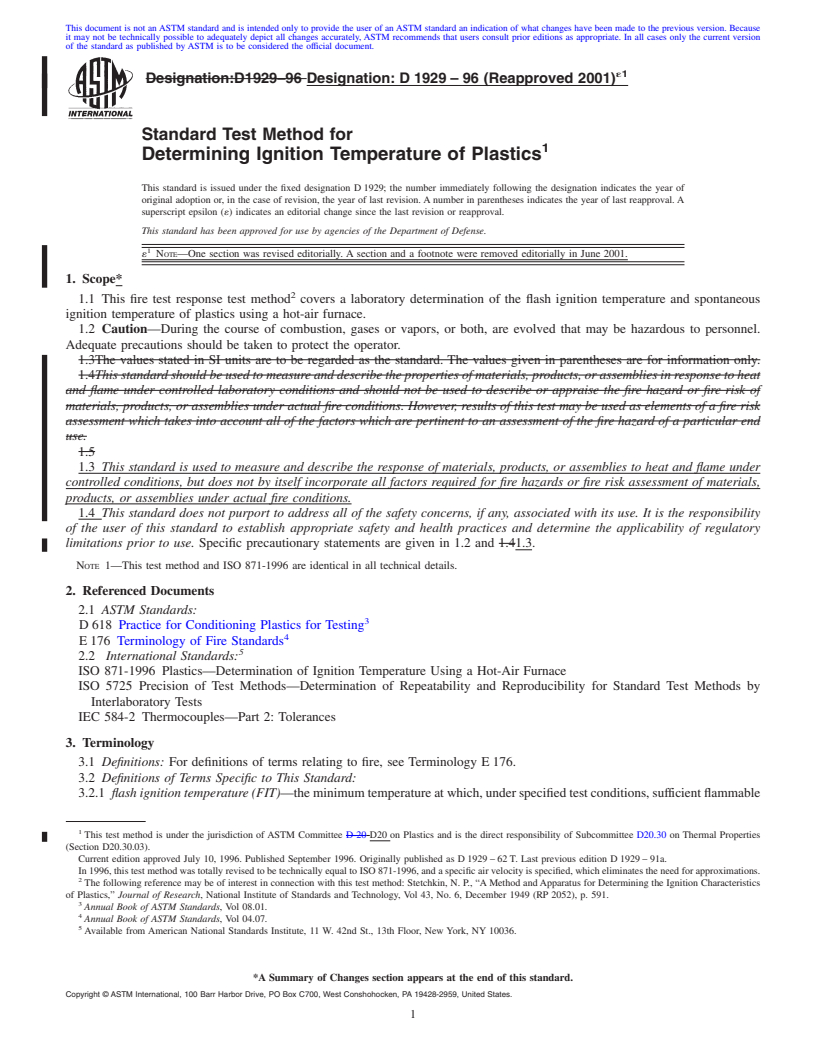 REDLINE ASTM D1929-96(2001)e1 - Standard Test Method for Determining Ignition Temperature of Plastics (Withdrawn 2010)