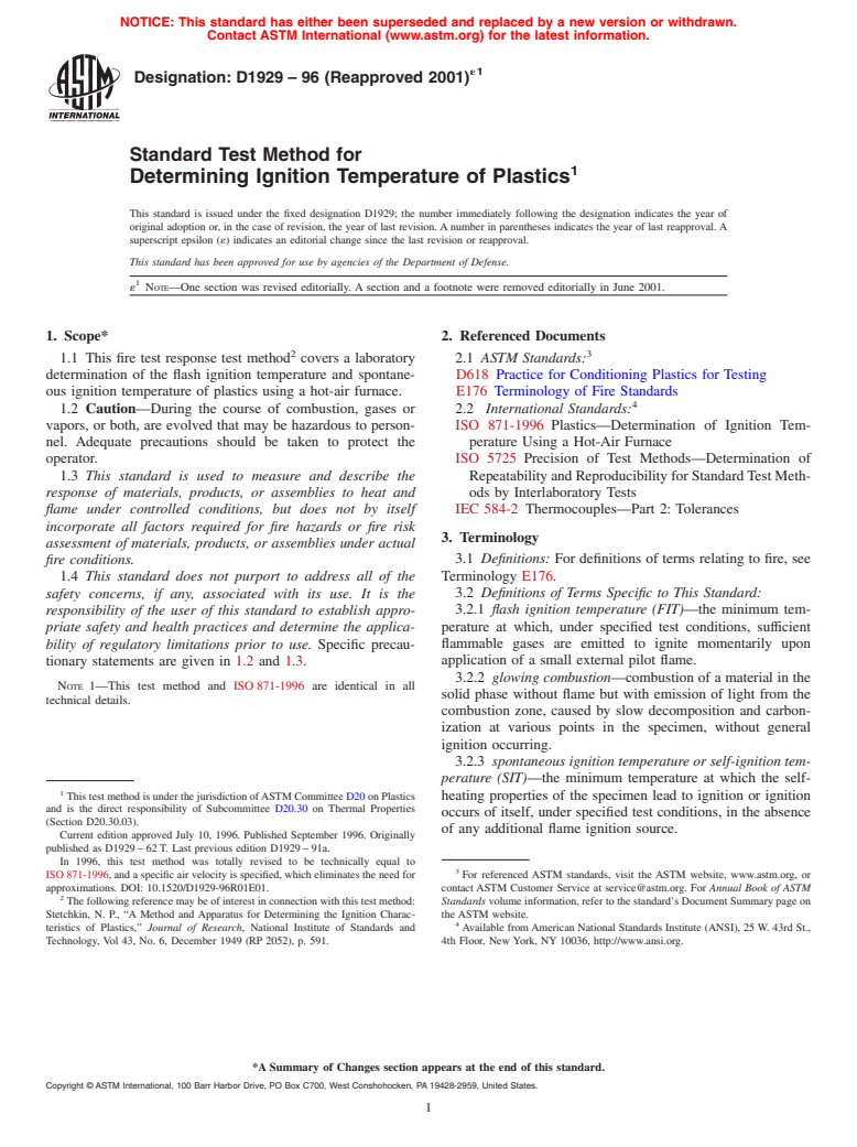 ASTM D1929-96(2001)e1 - Standard Test Method for Determining Ignition Temperature of Plastics (Withdrawn 2010)