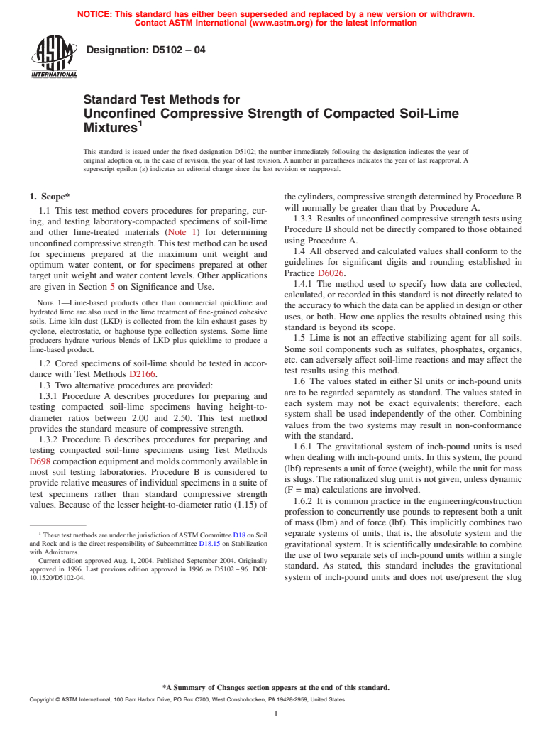 ASTM D5102-04 - Standard Test Method for Unconfined Compressive Strength of Compacted Soil-Lime Mixtures