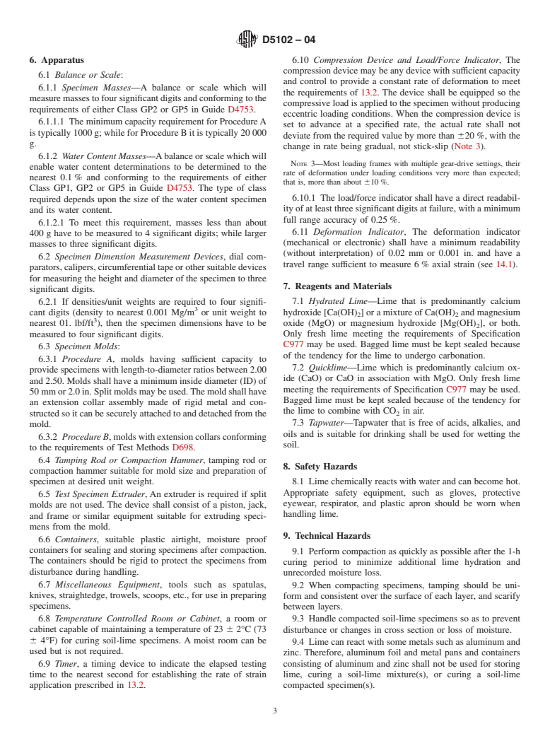ASTM D5102-04 - Standard Test Method for Unconfined Compressive Strength of Compacted Soil-Lime Mixtures