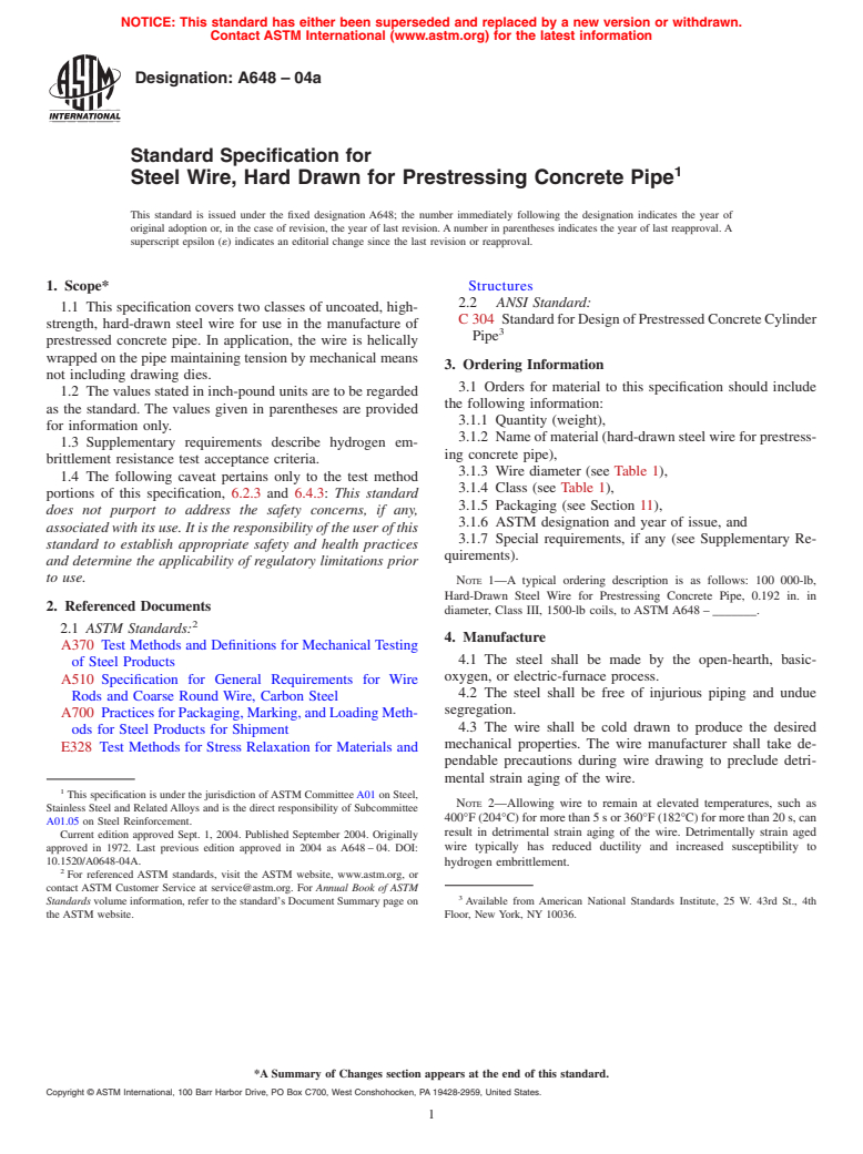 ASTM A648-04a - Standard Specification for Steel Wire, Hard Drawn for Prestressing Concrete Pipe