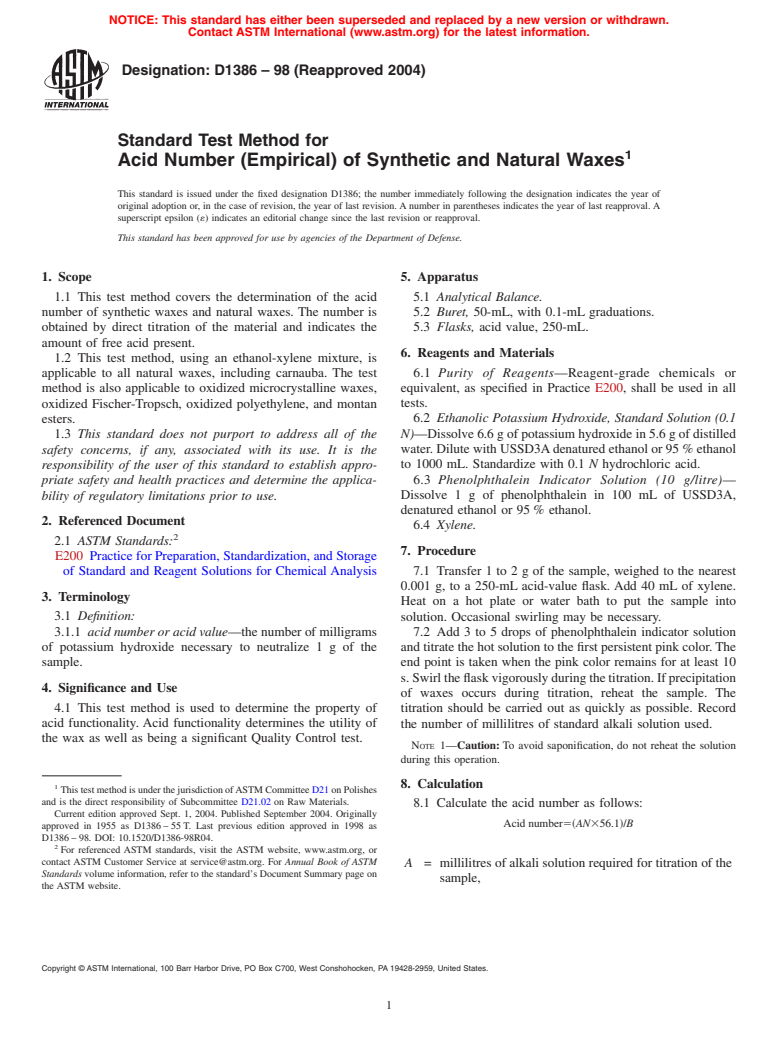 ASTM D1386-98(2004) - Standard Test Method for Acid Number (Empirical) of Synthetic and Natural Waxes