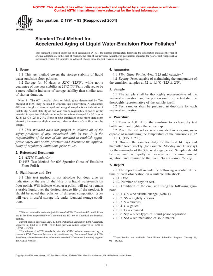 ASTM D1791-93(2004) - Standard Test Method for Accelerated Aging of Liquid Water-Emulsion Floor Polishes