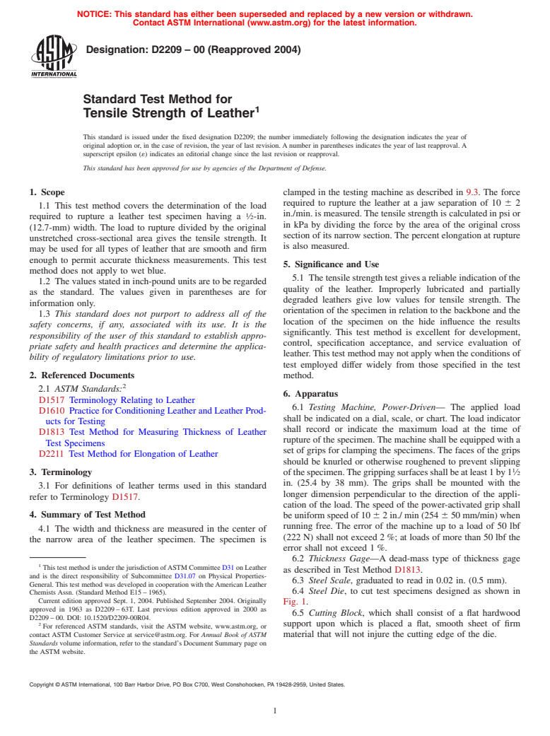 ASTM D2209-00(2004) - Standard Test Method for Tensile Strength of Leather