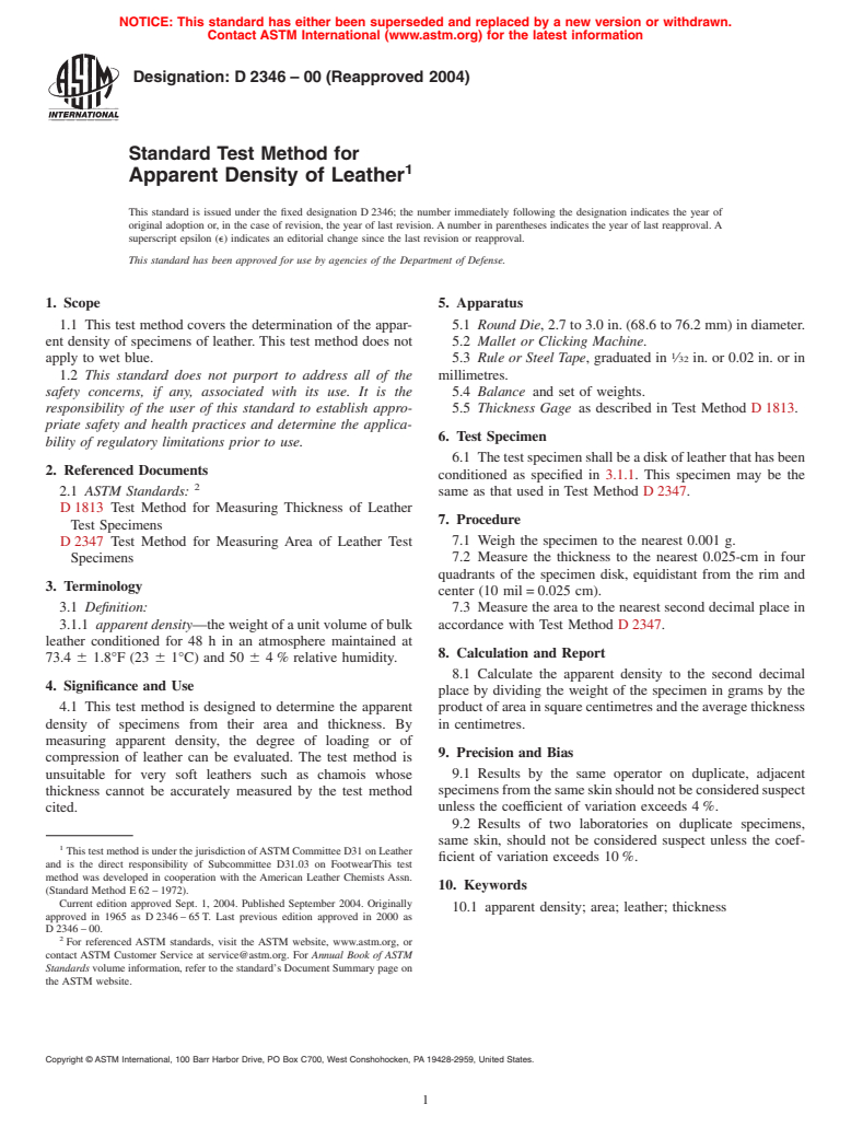 ASTM D2346-00(2004) - Standard Test Method for Apparent Density of Leather