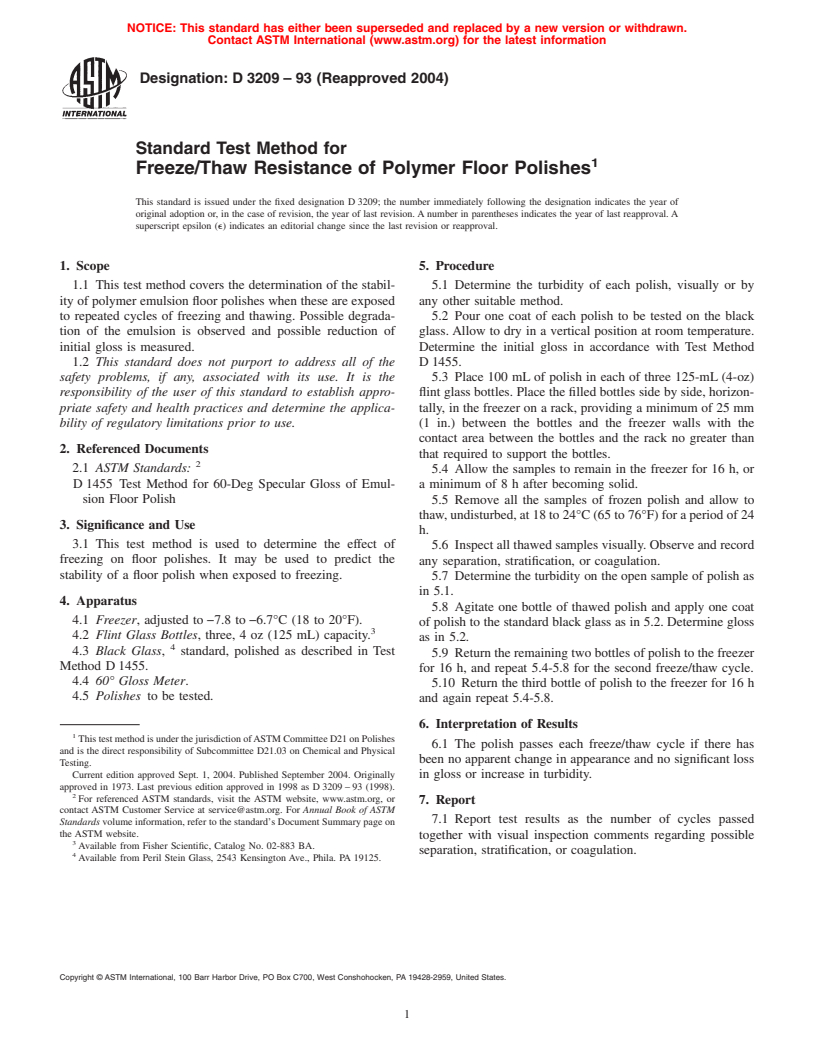 ASTM D3209-93(2004) - Standard Test Method for Freeze/Thaw Resistance of Polymer Floor Polishes