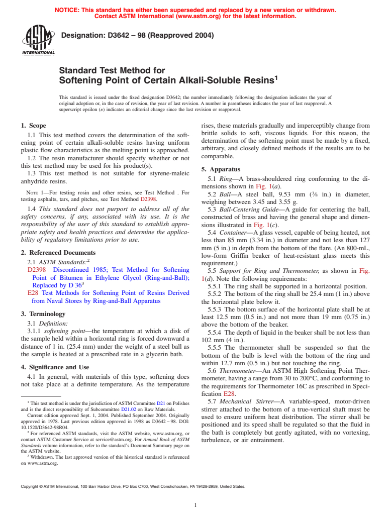 ASTM D3642-98(2004) - Standard Test Method for Softening Point of Certain Alkali-Soluble Resins