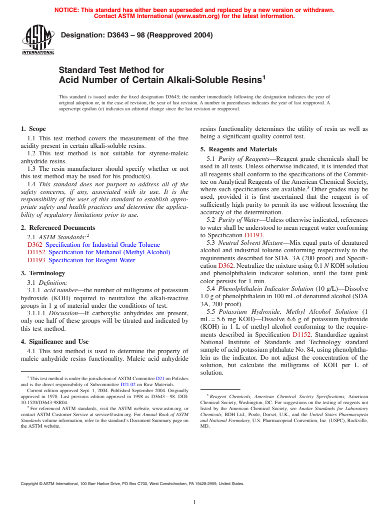 ASTM D3643-98(2004) - Standard Test Method for Acid Number of Certain Alkali-Soluble Resins