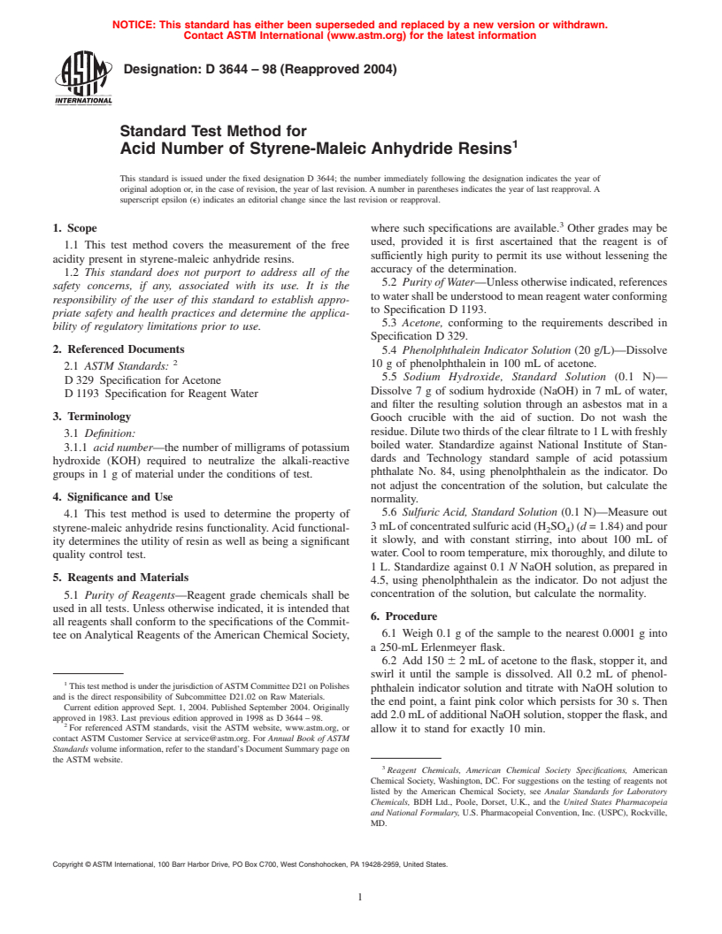 ASTM D3644-98(2004) - Standard Test Method for Acid Number of Styrene-Maleic Anhydride Resins