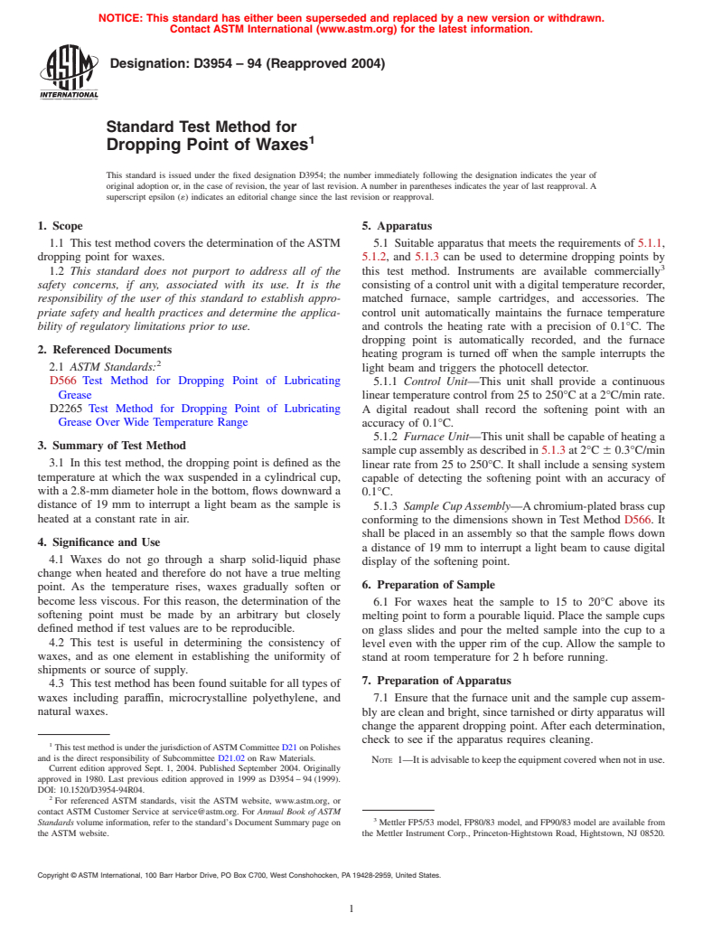 ASTM D3954-94(2004) - Standard Test Method for Dropping Point of Waxes