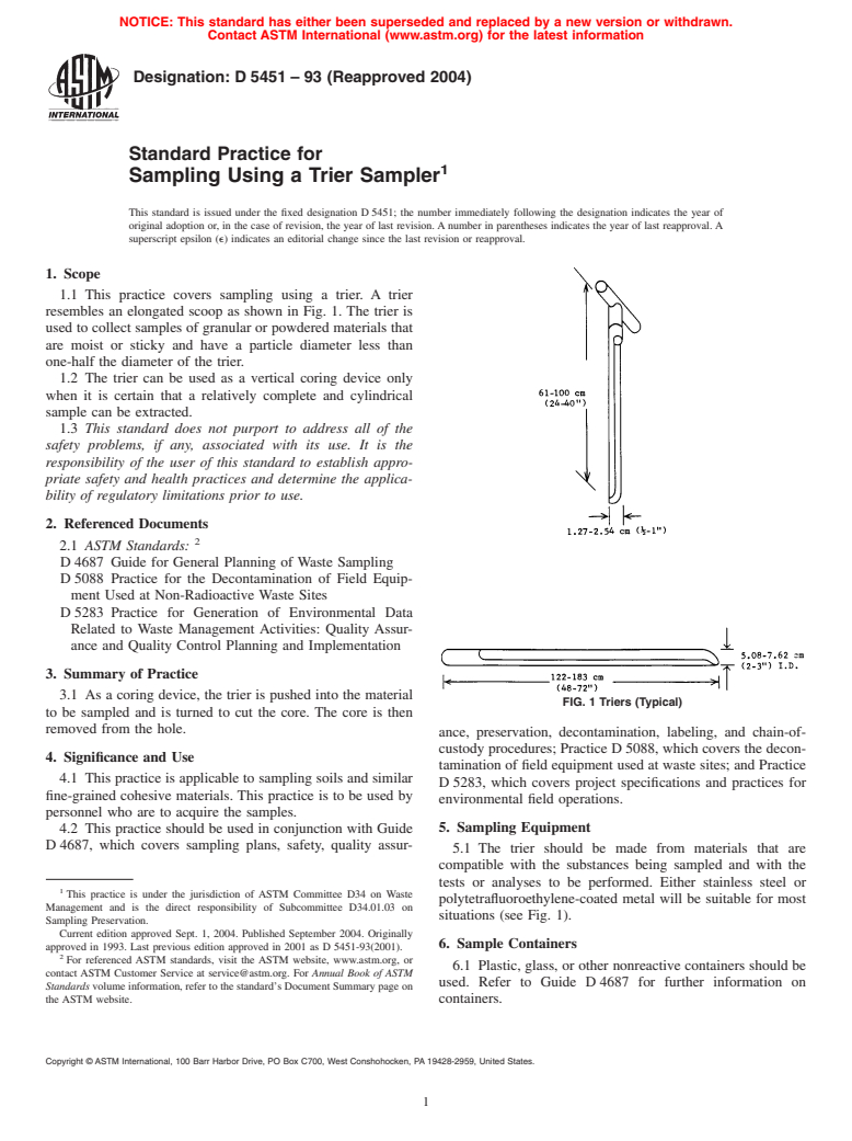 ASTM D5451-93(2004) - Standard Practice for Sampling Using a Trier Sampler