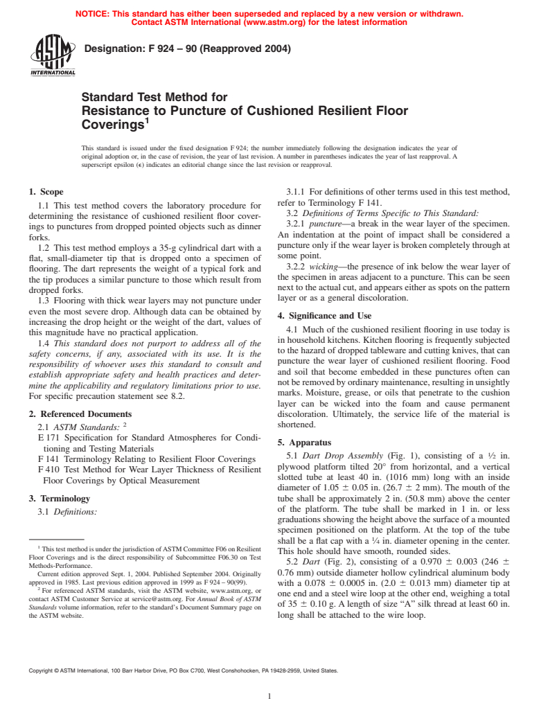 ASTM F924-90(2004) - Standard Test Method for Resistance to Puncture of Cushioned Resilient Floor Coverings